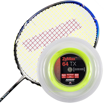 A badminton racket with a yellow and white string pattern rests beside a 200m reel of Ashaway Zymax 64 TX Badminton String, featuring ZyWeave technology for enhanced durability. This neon yellow string is crafted from BETA polymer fibers, promising exceptional performance. The circular spool prominently displays the product details.