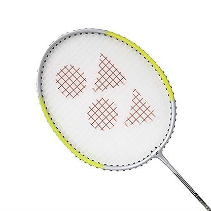 Close-up of the Yonex GR202 - 20 Badminton Racket, featuring a white and yellow frame from this premium Yonex set. The strings display a distinctive red geometric pattern with triangles and a circle, perfectly matching the included nylon shuttles.