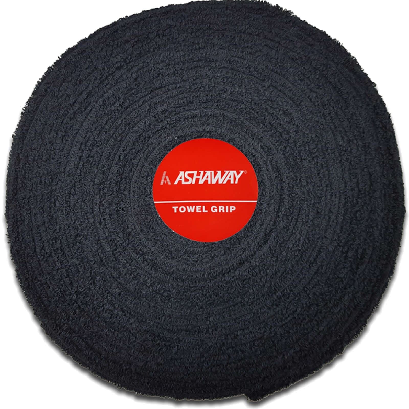 A black, highly absorbent towel grip roll designed for sports equipment, featuring a red circular label at its center displaying the brand name "Ashaway" and the text "Towel Grip," is available as part of the product Ashaway Badminton Towel Grip Roll - Black - 10m.