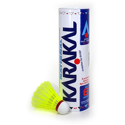 A set of six Karakal National Natural Nylon Shuttlecocks in fluorescent yellow is ideal for casual play. The shuttlecocks are packaged upright, featuring a white design with blue and red text, each shuttlecock equipped with a cork base and white tip.