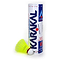 A set of six Karakal National Natural Nylon Shuttlecocks in fluorescent yellow is ideal for casual play. The shuttlecocks are packaged upright, featuring a white design with blue and red text, each shuttlecock equipped with a cork base and white tip.