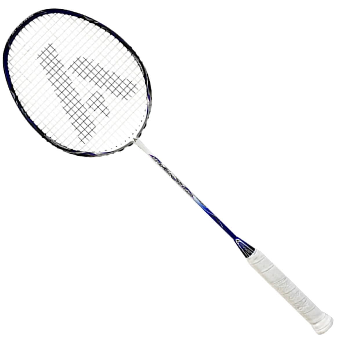 The Ashaway Superlight 11 Hex Badminton Racket in White and Blue features a white grip and a blue and white shaft with Hex technology. Its superlight design improves aerodynamics, while the strings form a grid pattern on the circular head.