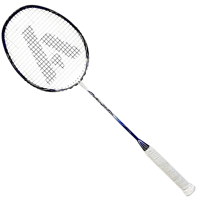The Ashaway Superlight 11 Hex Badminton Racket in White and Blue features a white grip and a blue and white shaft with Hex technology. Its superlight design improves aerodynamics, while the strings form a grid pattern on the circular head.