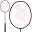 The Yonex Arcsaber 11 Pro 4U badminton racket, branded by Yonex, boasts a stylish greyish pearl design. Its strings showcase a distinct grid pattern with the brand logo prominently displayed. The grip is wrapped in black tape, and the frame emphasizes its ISOMETRIC enlarged sweet spot visible from both full and close-up perspectives.