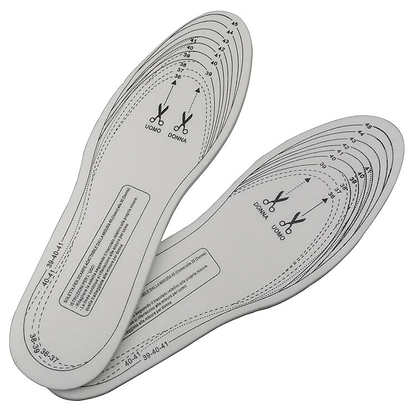 Two white Shoestring Cut-to-Fit Badminton Sports Shoe Insoles designed for sizes UK4-12, featuring printed guidelines for different shoe sizes. One insole is flipped over, displaying text and size markings applicable to both men's and women's shoes. Ideal for sports footwear, these insoles include scissor symbols to indicate cutting lines.