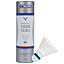 A cylindrical container labeled "VICTOR 1000 Nylon White Badminton Shuttlecocks" stands upright. Next to it, a single nylon shuttlecock is positioned, illustrating the steady flight curve and superior playability of the product inside. The packaging is primarily white with blue and silver accents.