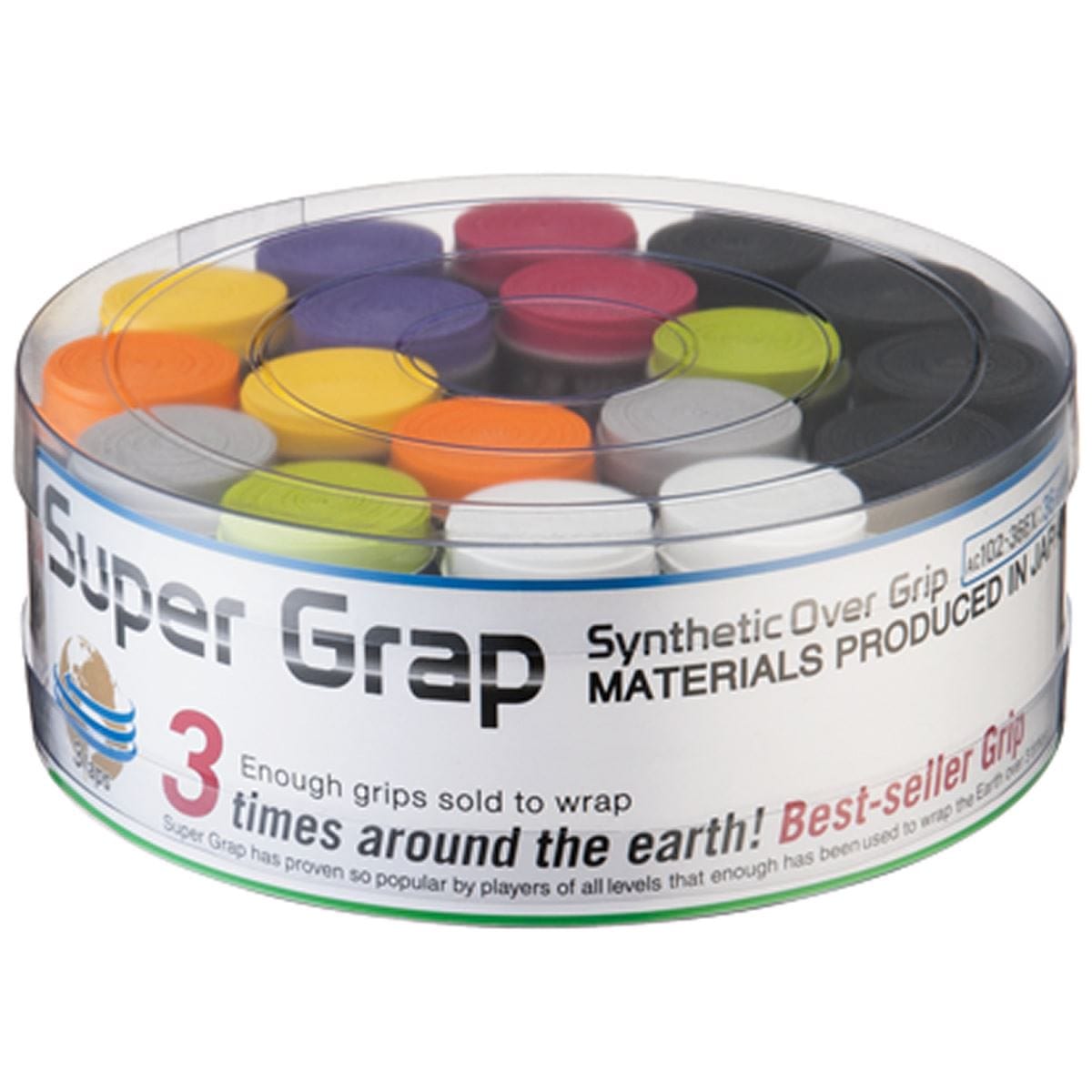 The Yonex AC102-36EX Super Graps Badminton Overgrip, available in a 36-pack with multiple colors, offers superior sweat absorption. Known as the "Super Grap" and "Synthetic Over Grip," it boasts enough grips sold to wrap around the Earth three times.