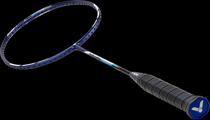 The Victor Auraspeed 11B Badminton Racket in True Blue, featuring a cushioned grip and an ultra-thin circular frame, is showcased against a plain black background. It’s ideal for beginners aiming to improve their game.