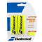 The packaging for the Babolat Badminton Grip Sensation - Yellow - 2 Pack includes two tacky yellow grips prominently featuring the black Babolat logo. This product is perfect for match play, emphasizing benefits such as "great absorption" and "long life durability.