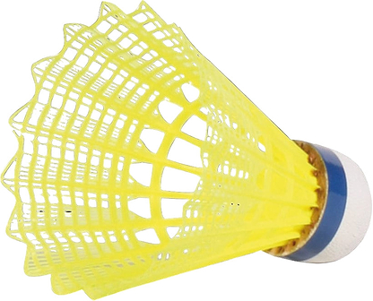 A close-up of one yellow Victor 500 Nylon Badminton Shuttlecock from a set of six, featuring a white and blue base on a black background, highlighting the durable nylon material.
