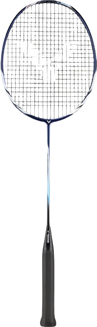 Introducing the Victor Auraspeed 11B Badminton Racket - True Blue, a sleek black racket designed with an Ultra-Thin Frame in blue and white stripes, ideal for beginners. It features a comfortable black handle and a distinctive grid-like string pattern, with the Victor brand name prominently displayed near the handle. This standout design contrasts beautifully against the plain black background.