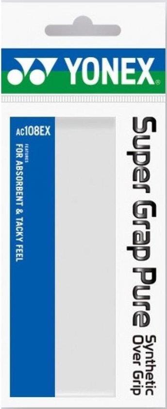 The Yonex AC108 Super Grap Pure - White features sleek packaging with a white design complemented by blue accents, emphasizing its absorbent and tacky texture to boost your performance on the court.