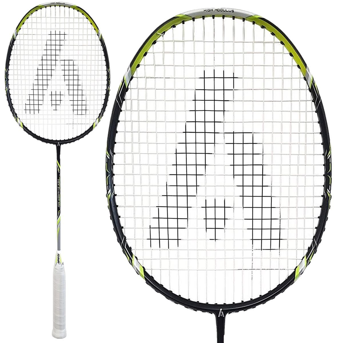 The Ashaway Vex Striker 300 badminton racket boasts a sleek black and lime green frame with a white grip. Made from high-quality graphite, its strings create a distinct "A" design. Displayed with a side view and close-up of the head, this racket is perfect for enthusiasts seeking precision play.