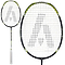 The Ashaway Vex Striker 300 badminton racket boasts a sleek black and lime green frame with a white grip. Made from high-quality graphite, its strings create a distinct "A" design. Displayed with a side view and close-up of the head, this racket is perfect for enthusiasts seeking precision play.