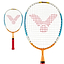 Two Victor Starter Junior Badminton Rackets by Victor, featuring orange frames and red grips, are displayed against a white background. These rackets have drop-shaped heads and boast durable lawntex stringing with a distinctive red logo pattern at the center.
