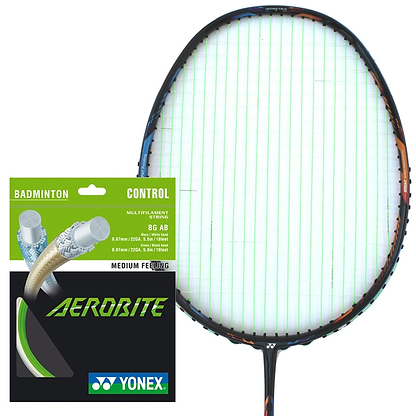 Close-up of a badminton racket with neon green strings. To the left, a Yonex AeroBite Badminton String White Green packet highlights its hybrid stringing technology, showcasing two gray strings labeled "Control" and "Medium Feeling." This design emphasizes high rotating spin and performance.