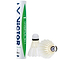 A cylindrical container labeled "VICTOR Champion No. 1 Badminton Feather Shuttles" stands upright. Beside it, two durable feather shuttlecocks from Victor showcase their white feather skirts and rounded cork bases, prepared for a game of precision and speed.