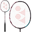 The Yonex Astrox 100 Game 4U Kurenai badminton racket from Yonex features a black handle and a white stringed head adorned with an eye-catching red logo. The frame is designed with sleek, modern black and red accents, incorporating the advanced Rotational Generator System for peak performance.
