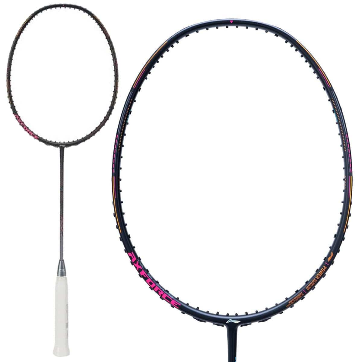 The Li-Ning AxForce 80 5U Badminton Racket in black features pink and orange accents with a white grip. One image shows the full racket, while another highlights its head. Powered by Li-Ning technology for lightweight performance.