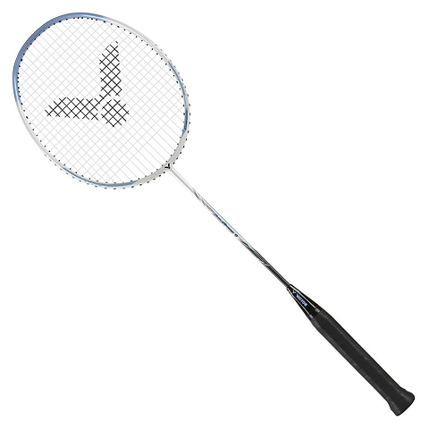 Introducing the Victor Auraspeed 9A Badminton Racket, an ideal choice for beginner to intermediate players. This racket features a sophisticated silver frame accented with elegant black and blue details. Its slender metal shaft ensures agility, while the black grip provides superior control. The string pattern is distinctly visible, showcasing the Victor brand logo for added style and performance.
