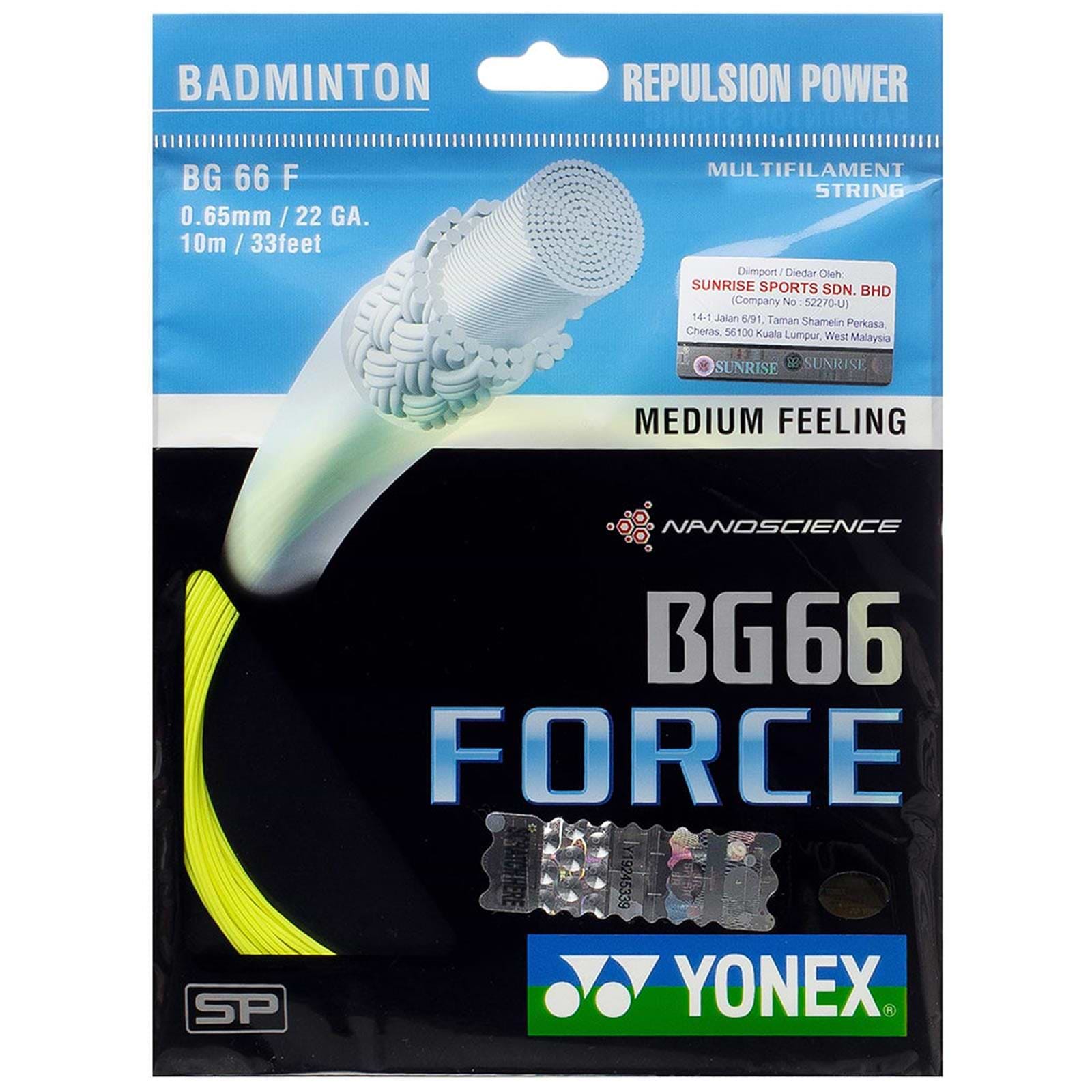 The Yonex BG 66 Force Badminton String package in striking yellow emphasizes its "Repulsion Power" and "Medium Feeling," featuring a nylon composite coating to boost hitting prowess. A detailed close-up highlights specifications such as the 0.65mm gauge size and 10m length, along with the store label, all presented in an elegant black, blue, and green theme.