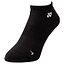 Introducing the Yonex 19121EX 3D ERGO: a single black low-cut badminton sock featuring an ergonomic design, superior cushioning, and a subtle white logo near the ankle.