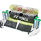 The Yonex GR202 - 20 Badminton Racket Set features white rackets with black grips, multiple tubes of nylon shuttles, and two sets of wristbands in white and black, all beautifully organized around a Yonex bag.