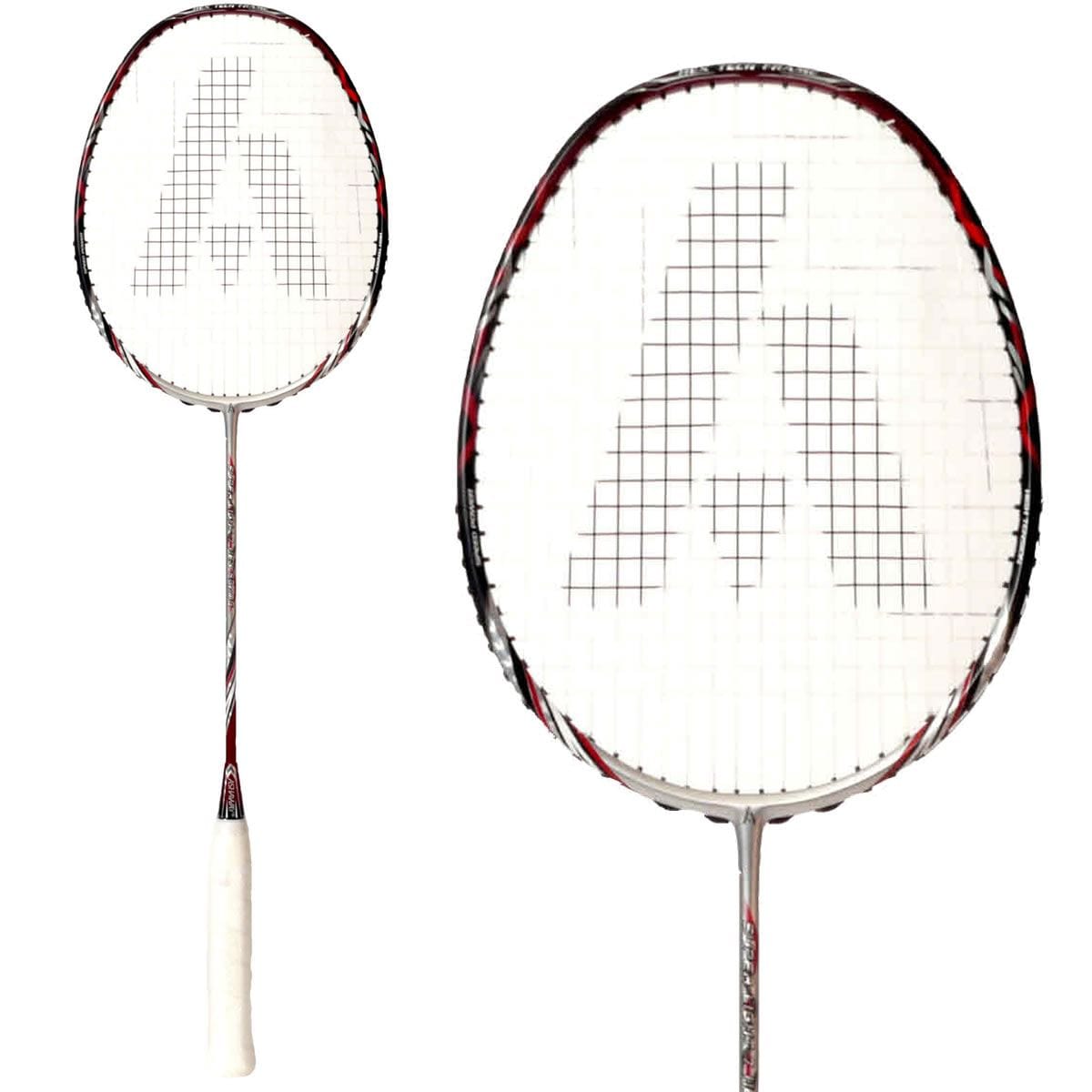 Close-up of an Ashaway Superlight 7 Hex Badminton Racket showcasing its Hex Frame technology and a sleek silver and red color scheme. The strings form a pattern resembling the letter "A," while the white grip handle, along with the frame highlighted by red accents, reveals its lightweight design from two angles.