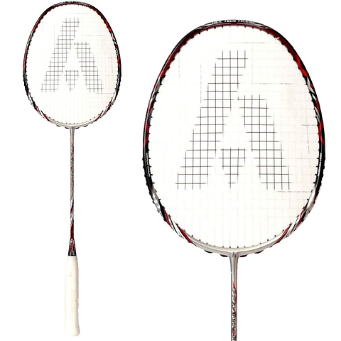 Close-up of an Ashaway Superlight 7 Hex Badminton Racket showcasing its Hex Frame technology and a sleek silver and red color scheme. The strings form a pattern resembling the letter "A," while the white grip handle, along with the frame highlighted by red accents, reveals its lightweight design from two angles.