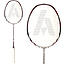 Close-up of an Ashaway Superlight 7 Hex Badminton Racket showcasing its Hex Frame technology and a sleek silver and red color scheme. The strings form a pattern resembling the letter "A," while the white grip handle, along with the frame highlighted by red accents, reveals its lightweight design from two angles.