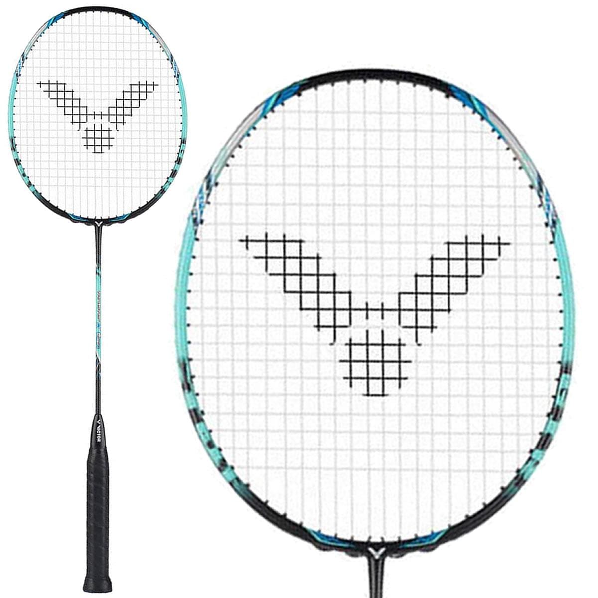 The Victor Thruster Onigiri Badminton Racket (Frame Only) by Victor features a black handle with black strings creating a bird-like logo at the center. The primarily white frame is adorned with blue and black accents, tailored for advanced-level players. The image displays the entire advanced-level power racket along with a close-up of its head.