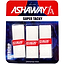 A set of three Ashaway Super Tacky Badminton Overgrips in white, known for their superior grip performance, is showcased in packaging featuring red accents with the text "Made in Taiwan" prominently displayed at the top.