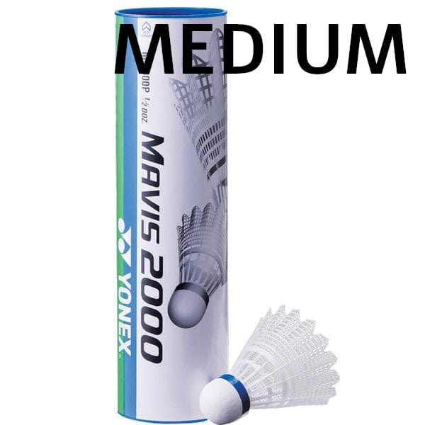 A set of Yonex Mavis 2000 Badminton Nylon Shuttlecocks, known for their durability, is marked "MEDIUM," with one shuttlecock displayed in front of the packaging.