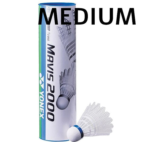 A set of Yonex Mavis 2000 Badminton Nylon Shuttlecocks, known for their durability, is marked "MEDIUM," with one shuttlecock displayed in front of the packaging.