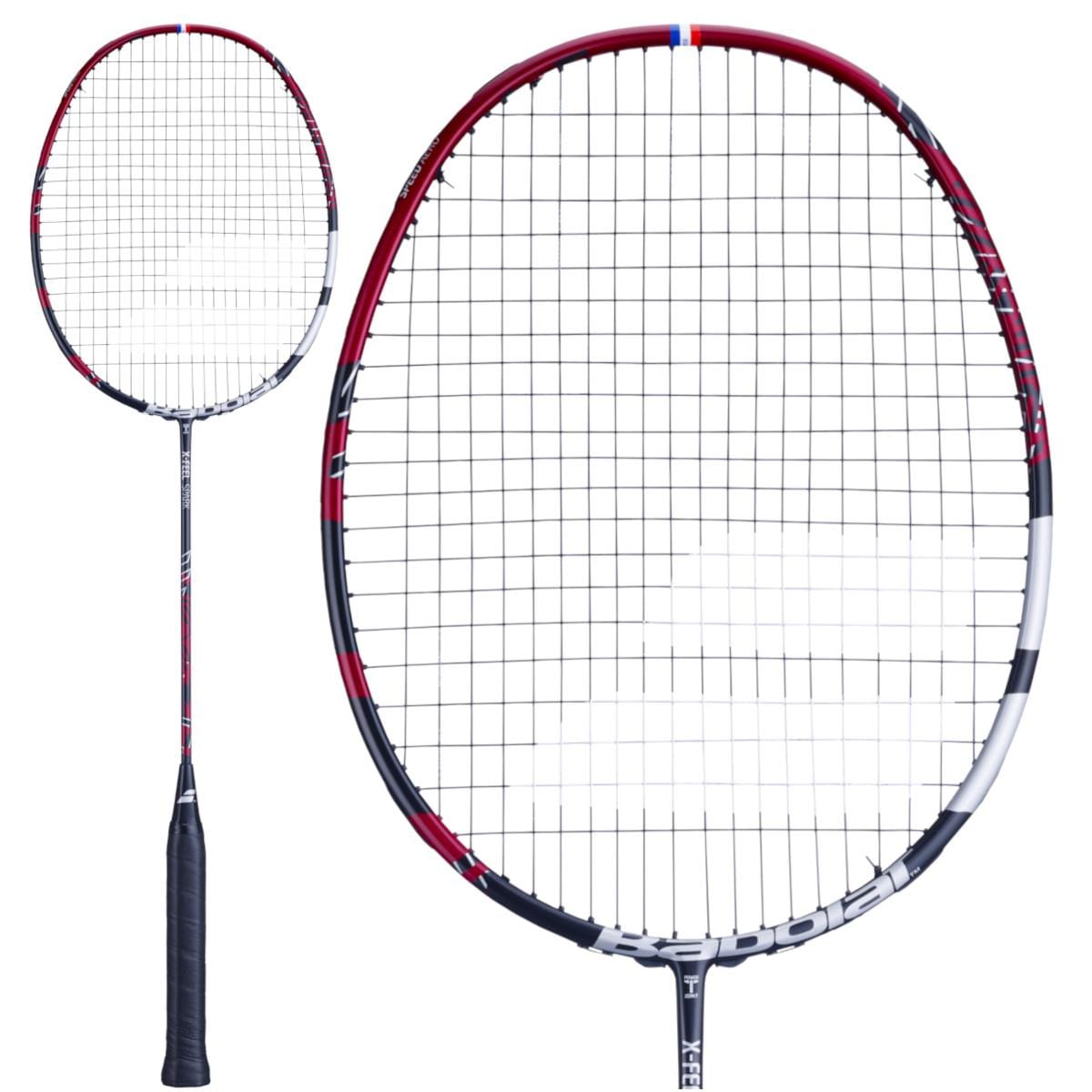 The Babolat X-Feel Spark Badminton Racket in red and black showcases a black grip along with a striking red, white, and black frame. Its prominent stringing pattern optimizes aerodynamics for exceptional power transmission. The racket is presented through two perspectives: a full-length view and a close-up of the head.