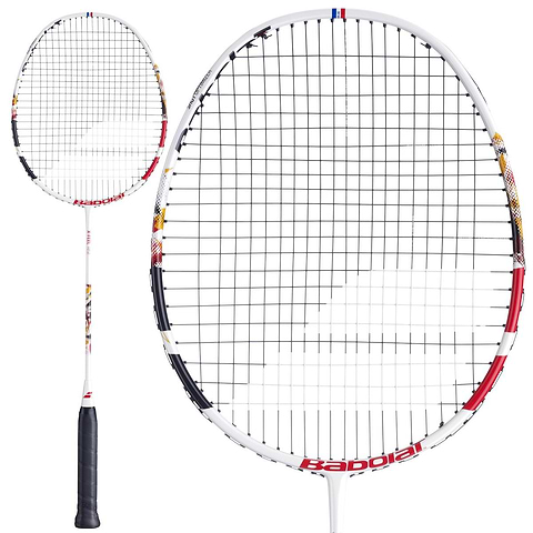 The Babolat X-Feel Rise 2026 3U Badminton Racket in white and red, shown full length beside a close-up of the head and flexible shaft.