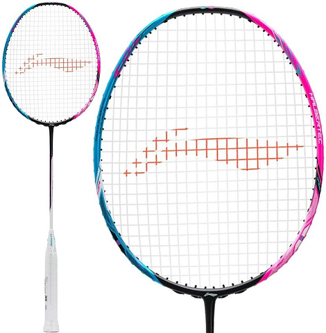 Li-Ning Halbertec 8000 4U badminton racket in capri breeze blue with neon iridescent pink detailing, shown full length