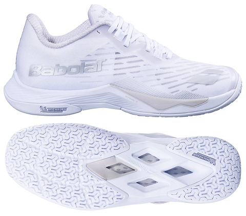 Babolat Shadow Tour 5 womens badminton shoe in white, shown from the side and sole