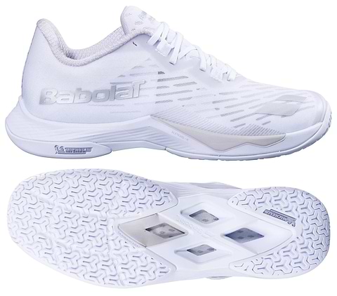 Babolat Shadow Tour 5 womens badminton shoe in white, shown from the side and sole