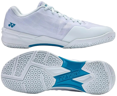 Yonex Power Cushion Aerus X2 unisex badminton shoe in white with blue detailing, shown from the side