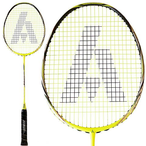 The Ashaway Phantom X-Speed III Badminton Racket in Yellow showcases a vibrant yellow frame complemented by a black grip, featuring a prominent large "A" logo on the strings. With two perspectives for viewing, this sleek design is further enhanced by the Phantom Airflow System for optimal performance.