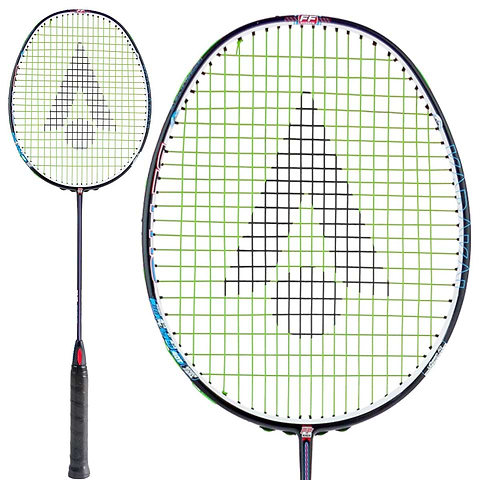 The Karakal Black Zone BZ Pro Badminton Racket - Black from Karakal boasts a black grip and a vibrant frame, highlighted by green strings featuring a black triangular logo. The racket's isometric head design enhances gameplay, and the close-up to the right highlights its Muscle Tec technology for superior performance.