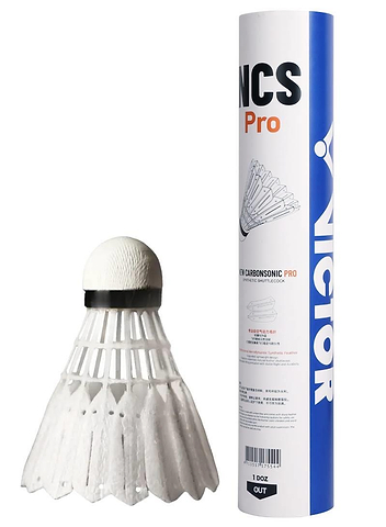 Victor New Carbonsonic PRO NCS badminton shuttlecocks, set of 12, shown beside the tube packaging