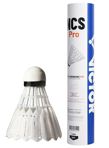 Victor New Carbonsonic PRO NCS badminton shuttlecocks, set of 12, shown beside the tube packaging