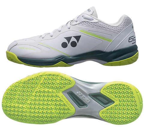 Yonex Power Cushion 65X4 Viktor Axelsen Badminton Shoes in White/Lime, with green and gray accents, mesh upper, and a textured outsole for indoor grip—shown from the side and bottom. This is a Yonex signature model.