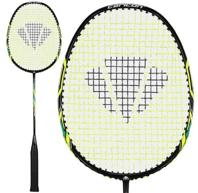 The Carlton Tru-Storm FS 2000 Badminton Racket in black and yellow by Carlton features a yellow string net and a black triangular pattern at the center of the head, shown both in full view and with a close-up of the racket head.