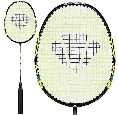 The Carlton Tru-Storm FS 2000 Badminton Racket in black and yellow by Carlton features a yellow string net and a black triangular pattern at the center of the head, shown both in full view and with a close-up of the racket head.