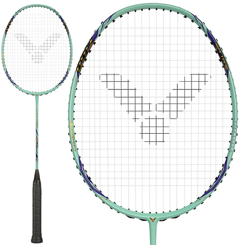 The Victor Auraspeed 7100 4U Badminton Racket in Teal, with a black grip and a V-shaped logo on the strings, shown in full and with a close-up of the head.