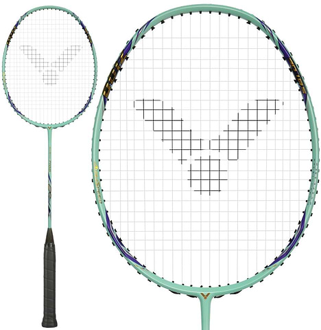 The Victor Auraspeed 7100 4U Badminton Racket in Teal, with a black grip and a V-shaped logo on the strings, shown in full and with a close-up of the head.
