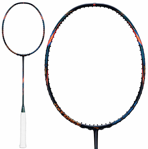 The Li-Ning Axforce 90 3U Badminton Racket - Black is displayed with a white grip and orange-blue accents on the carbon fibre frame, highlighting its head-heavy balance, shown fully and close-up against a white background.